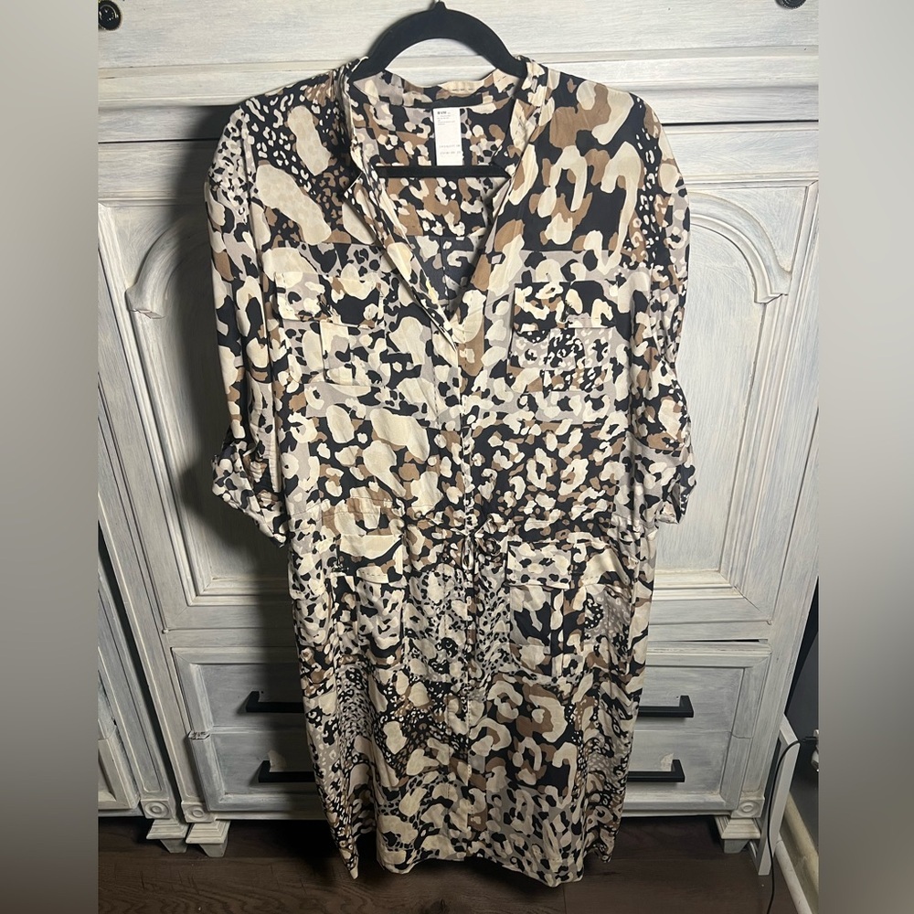 Les Copains‎ Animal Print Drawstring Cargo Pocket Silk Button Down Shirt Dress